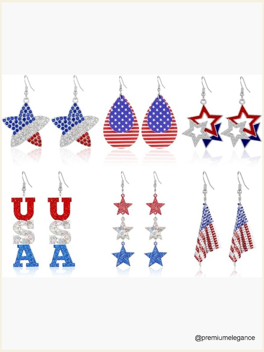 6 Pairs Patriotic Teardrop Dangle Earrings Set Vintage Flag Star USA